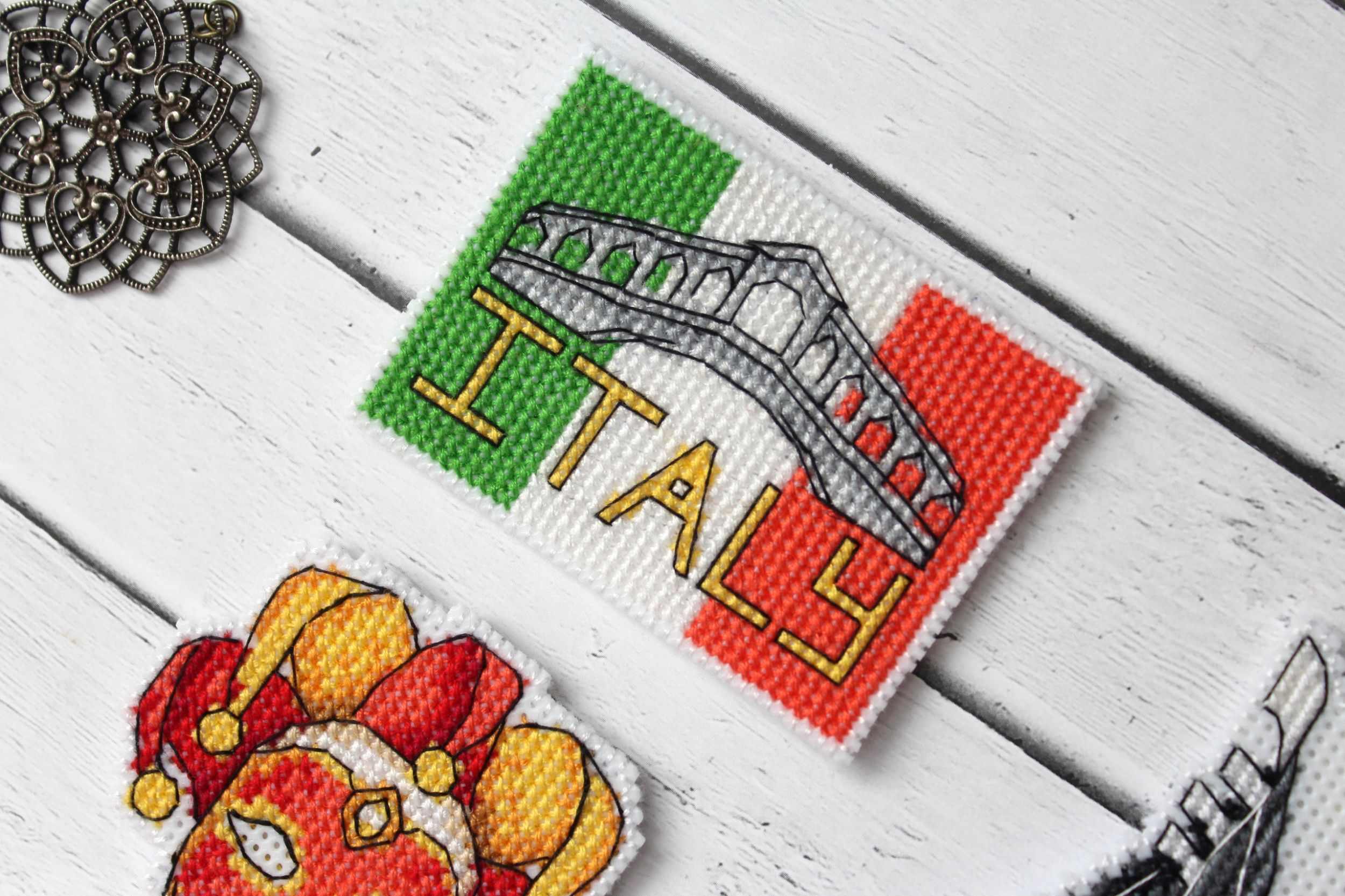 Italy Magnets P-309 / SR-309 Cross Stitch Kit featuring colorful threads and plastic canvas for crafting.